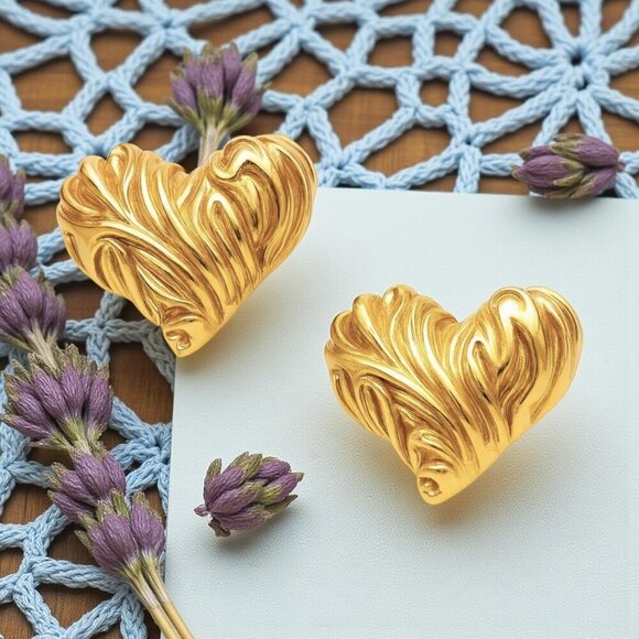 18K Gold Plated Stainless Steel Minimalist Textured Heart Stud Earrings - Picture 9 of 9